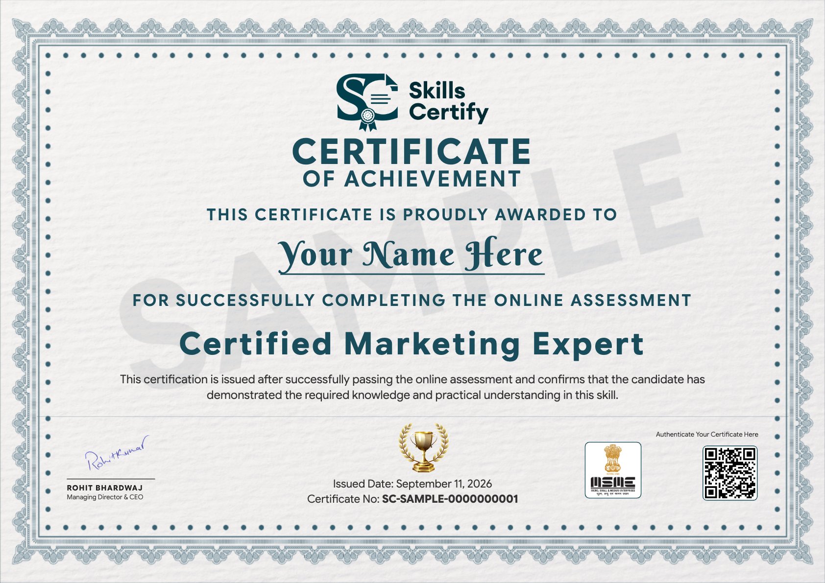 Certified Marketing Expert Certificate Sample
