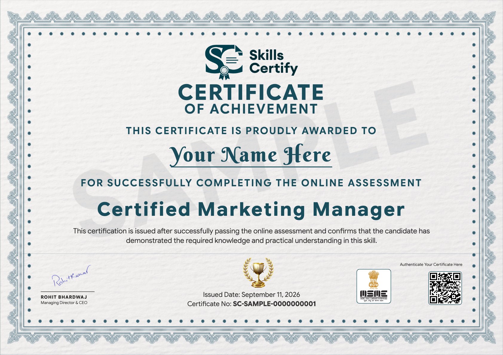 Certified Marketing Manager Certificate Sample