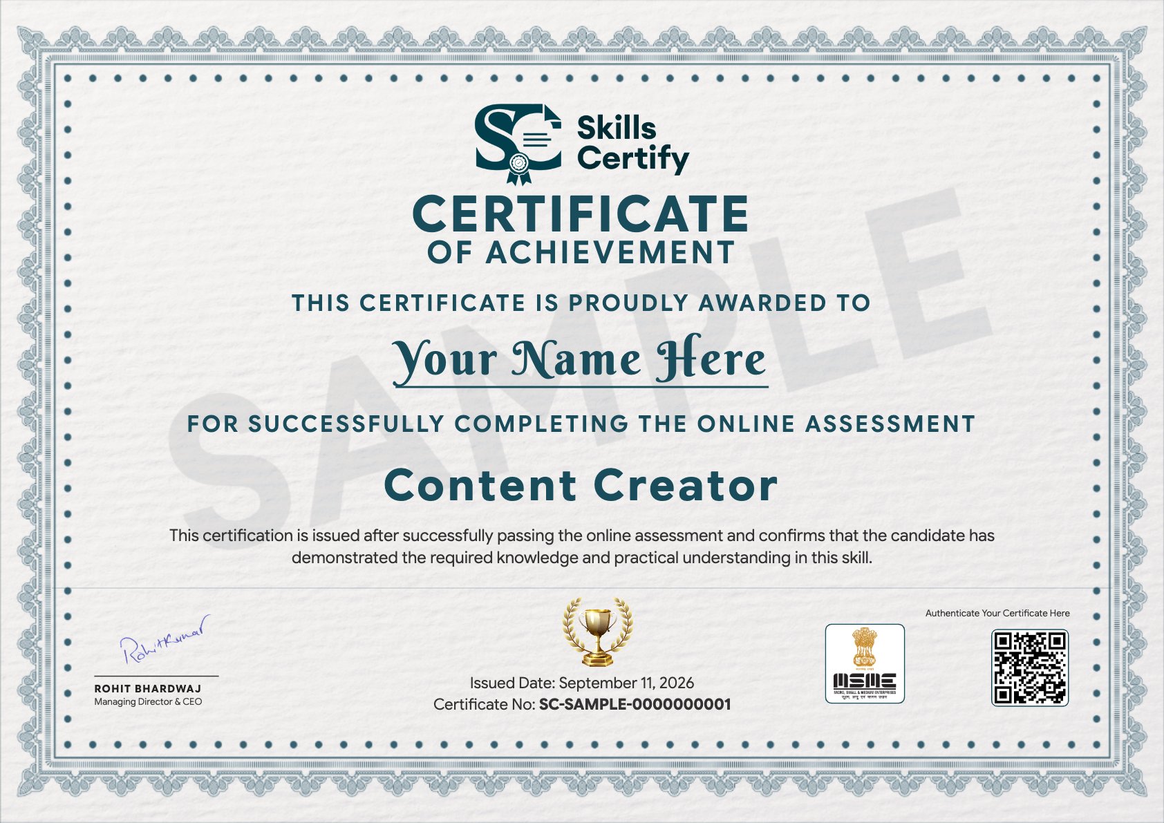 Content Creator Certificate Sample
