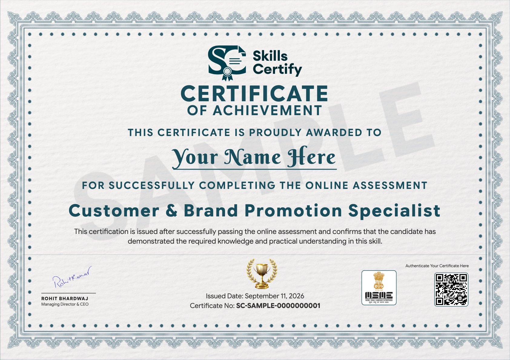 Customer & Brand Promotion Specialist Certificate Sample