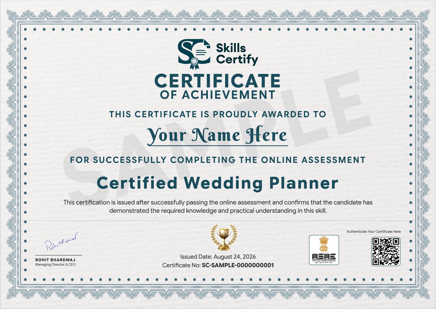 Certified Wedding Planner Certificate Sample