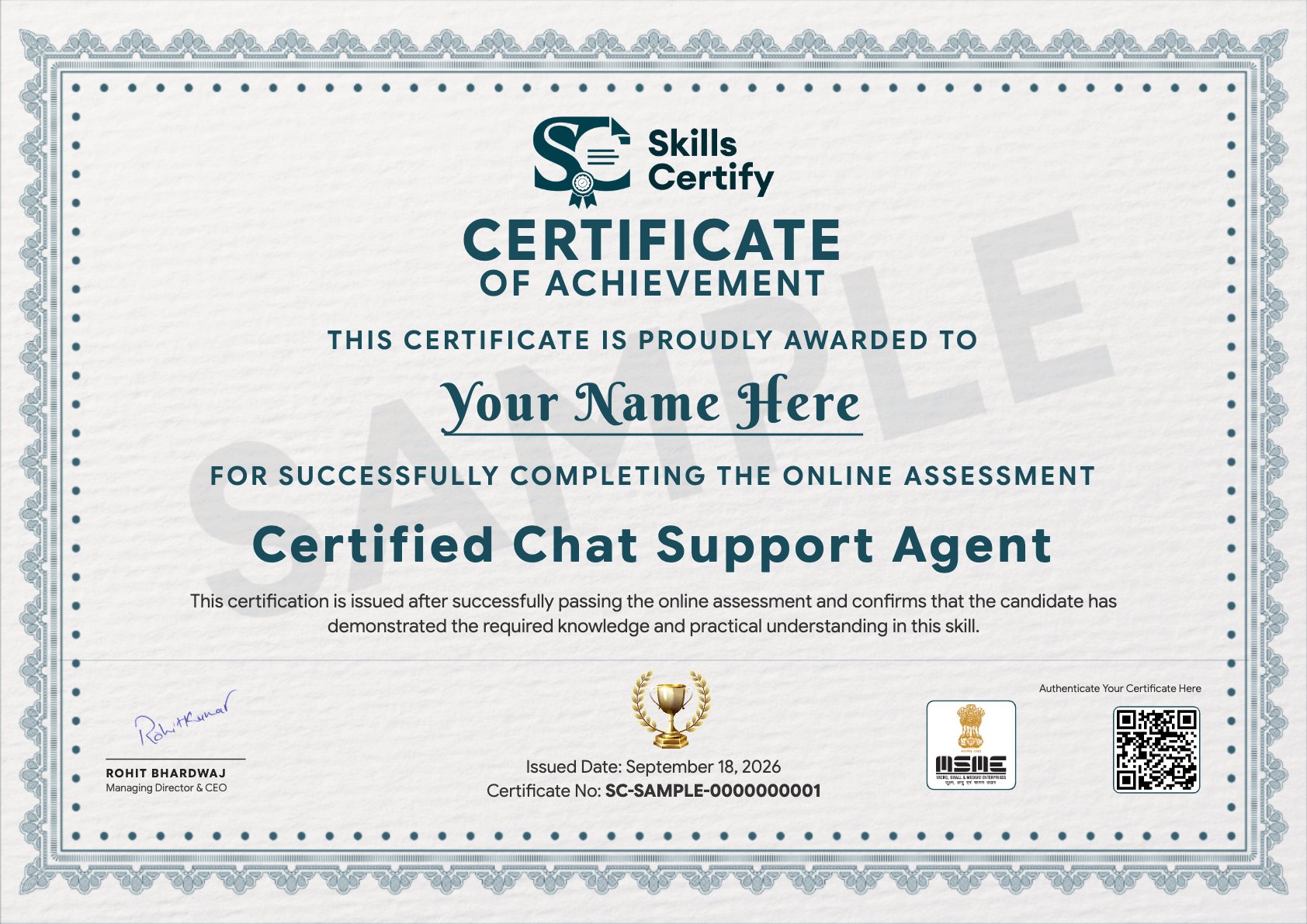 Certified Chat Support Agent Certificate Sample