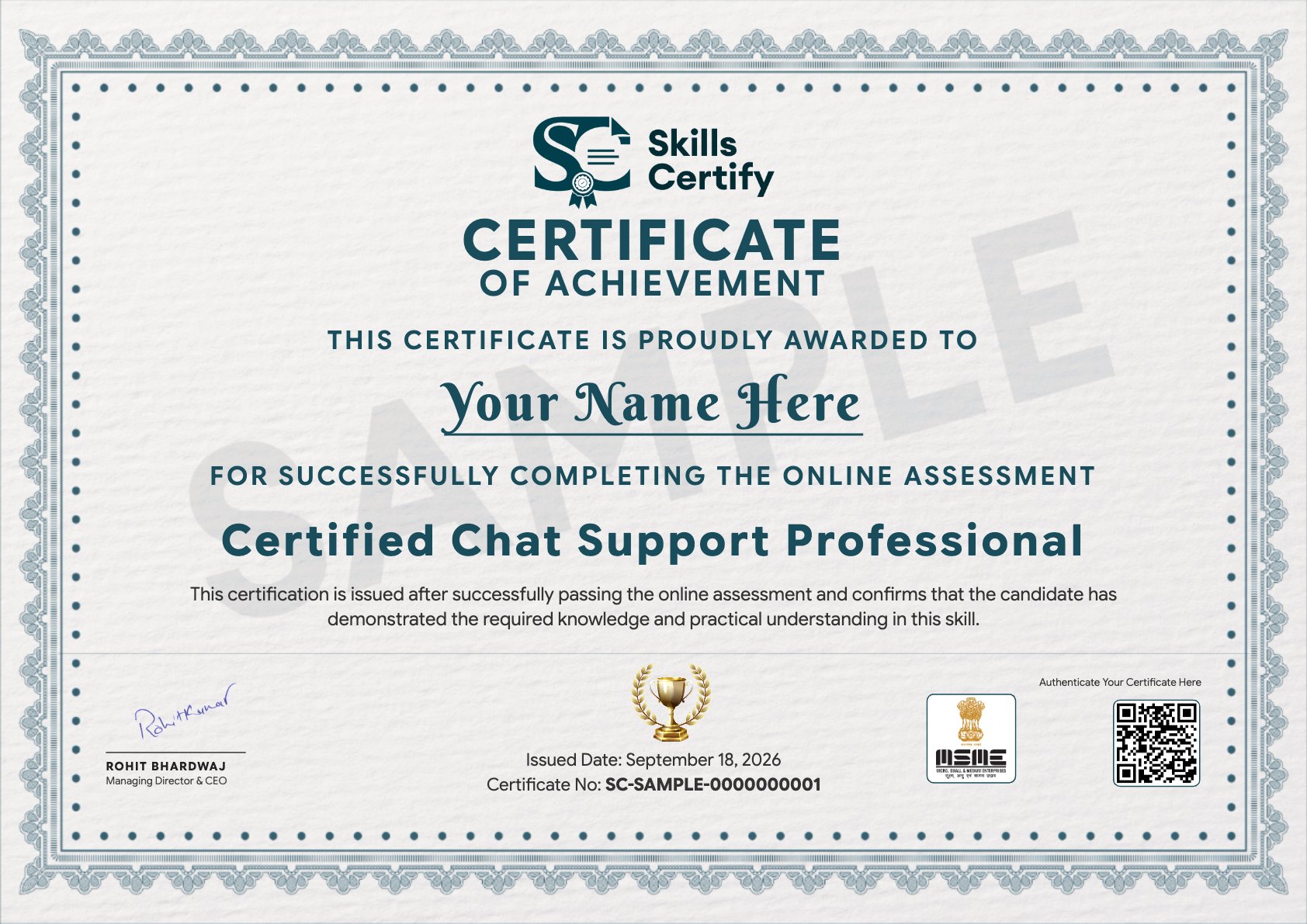 Certified Chat Support Professional Certificate Sample