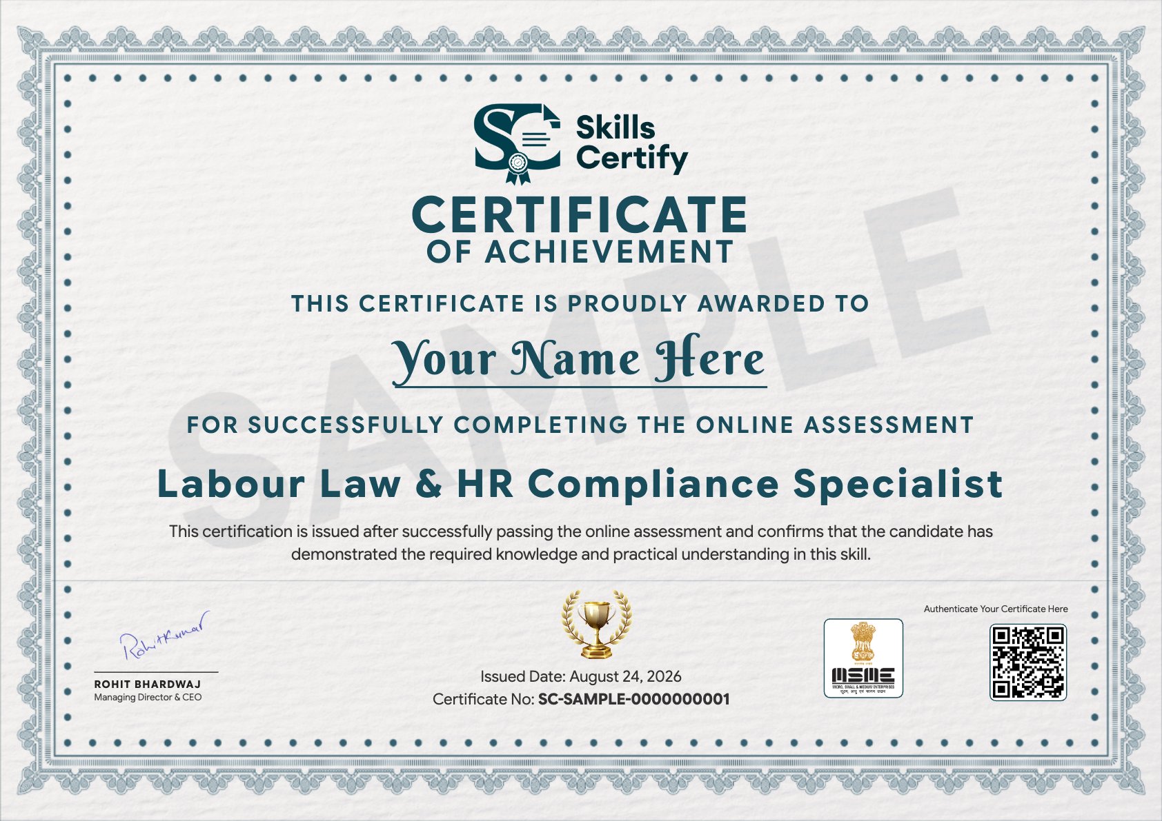 Labour Law & HR Compliance Specialist Certificate Sample