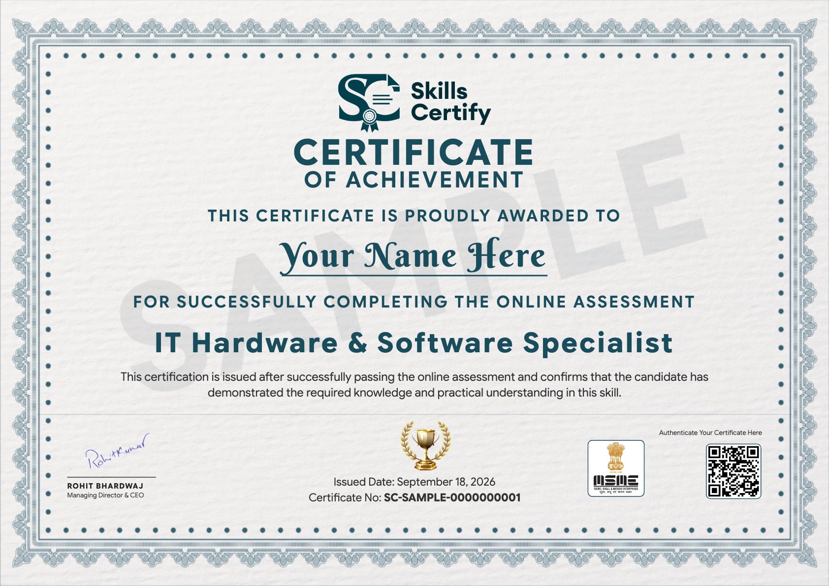 IT Hardware & Software Specialist Certificate Sample