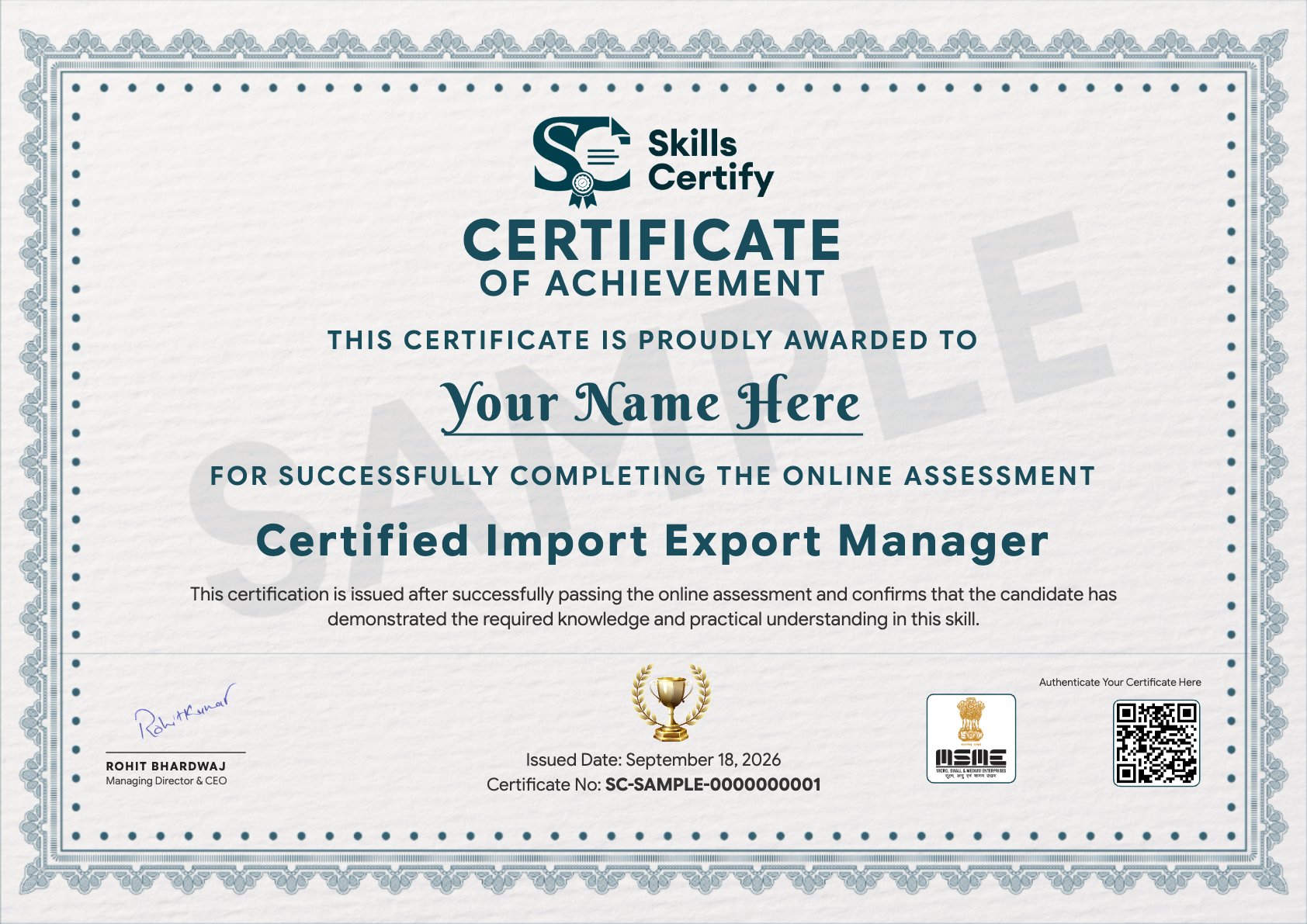 Certified Import Export Manager Certificate Sample