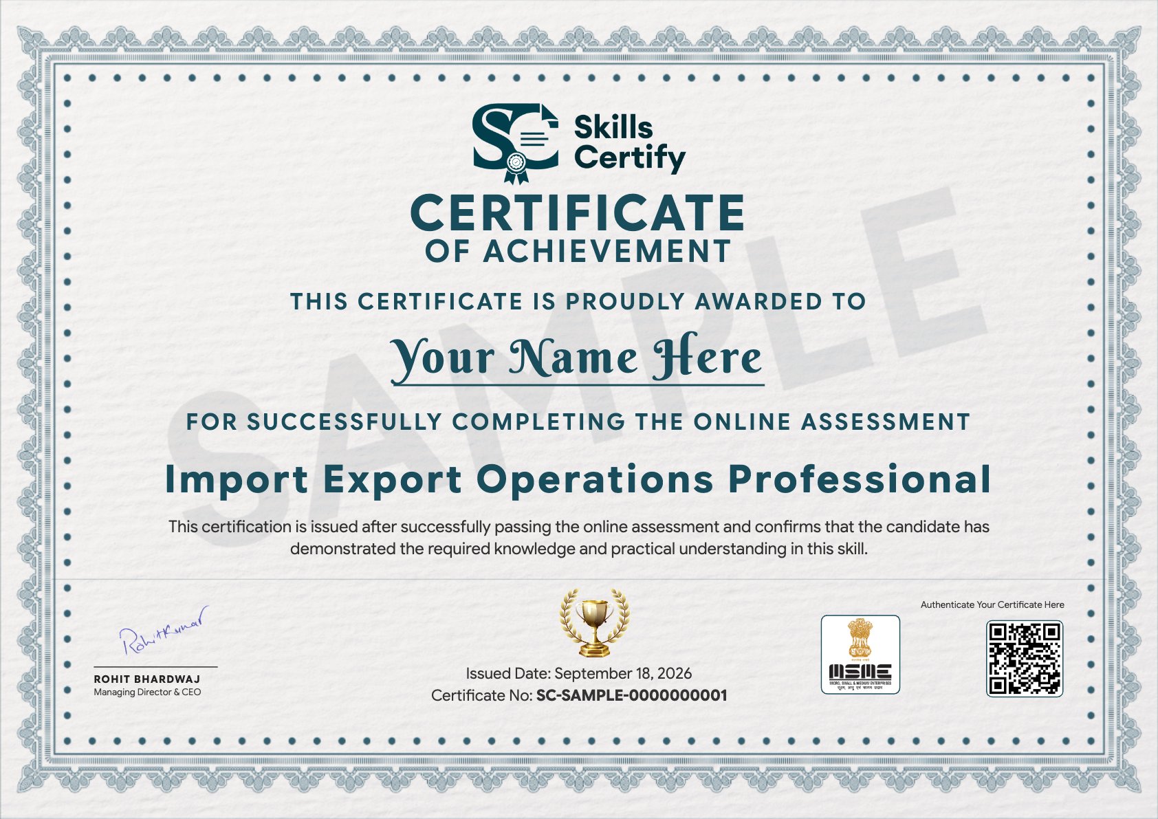 Import Export Operations Professional Certificate Sample