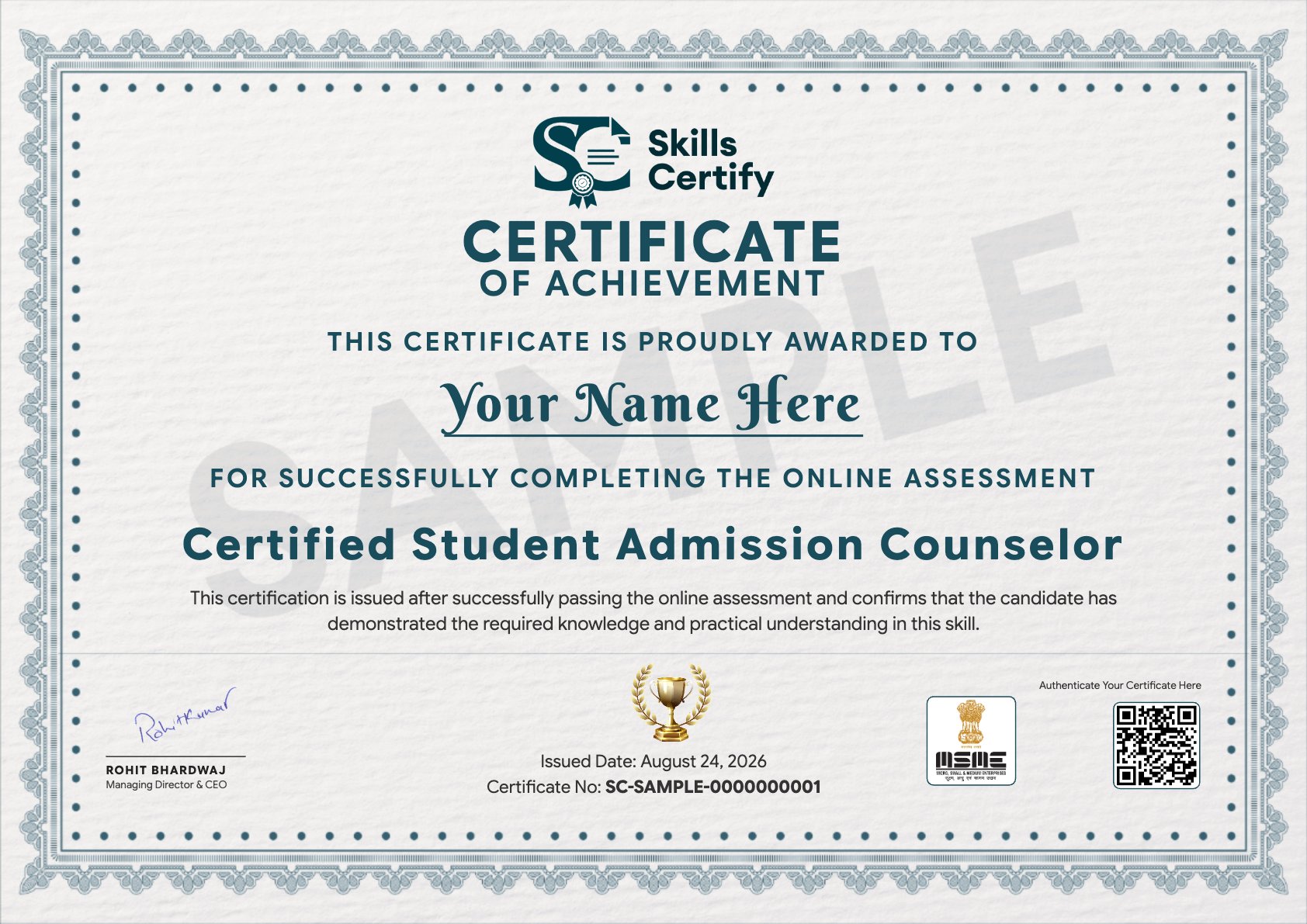 Certified Student Admission Counselor Certificate Sample