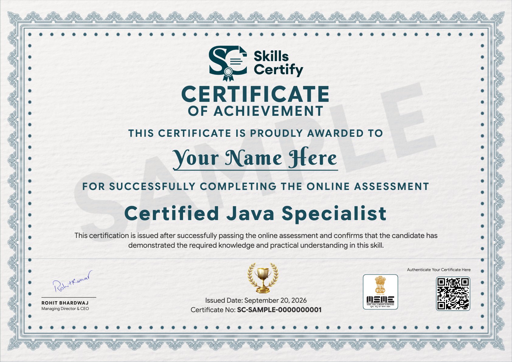 Certified Java Specialist Certificate Sample