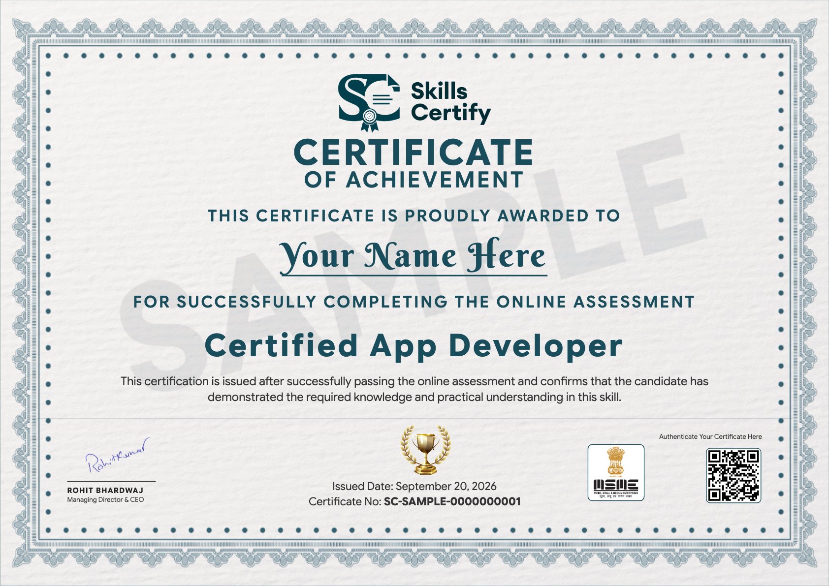 Certified App Developer Certificate Sample
