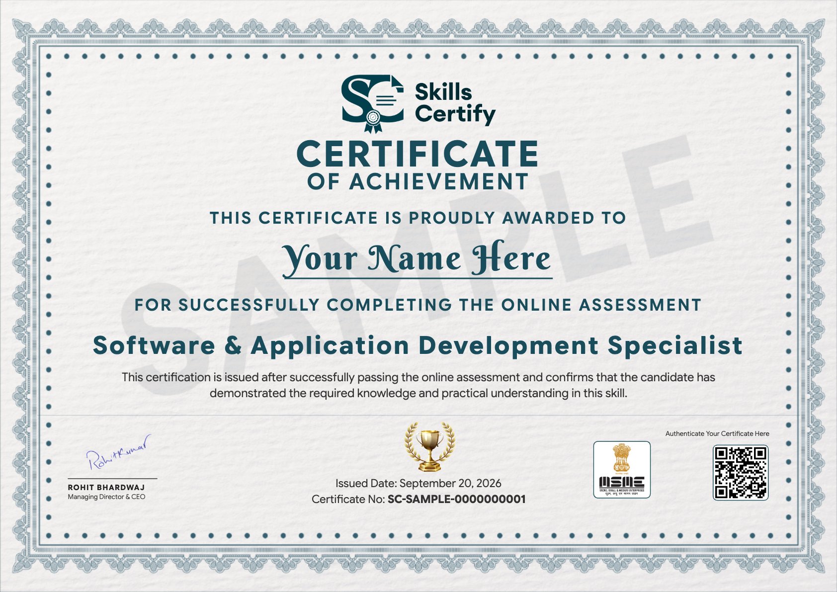 Software & Application Development Specialist Certificate Sample