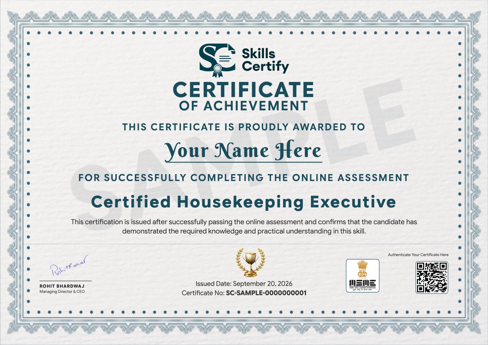 Certified Housekeeping Executive Certificate Sample