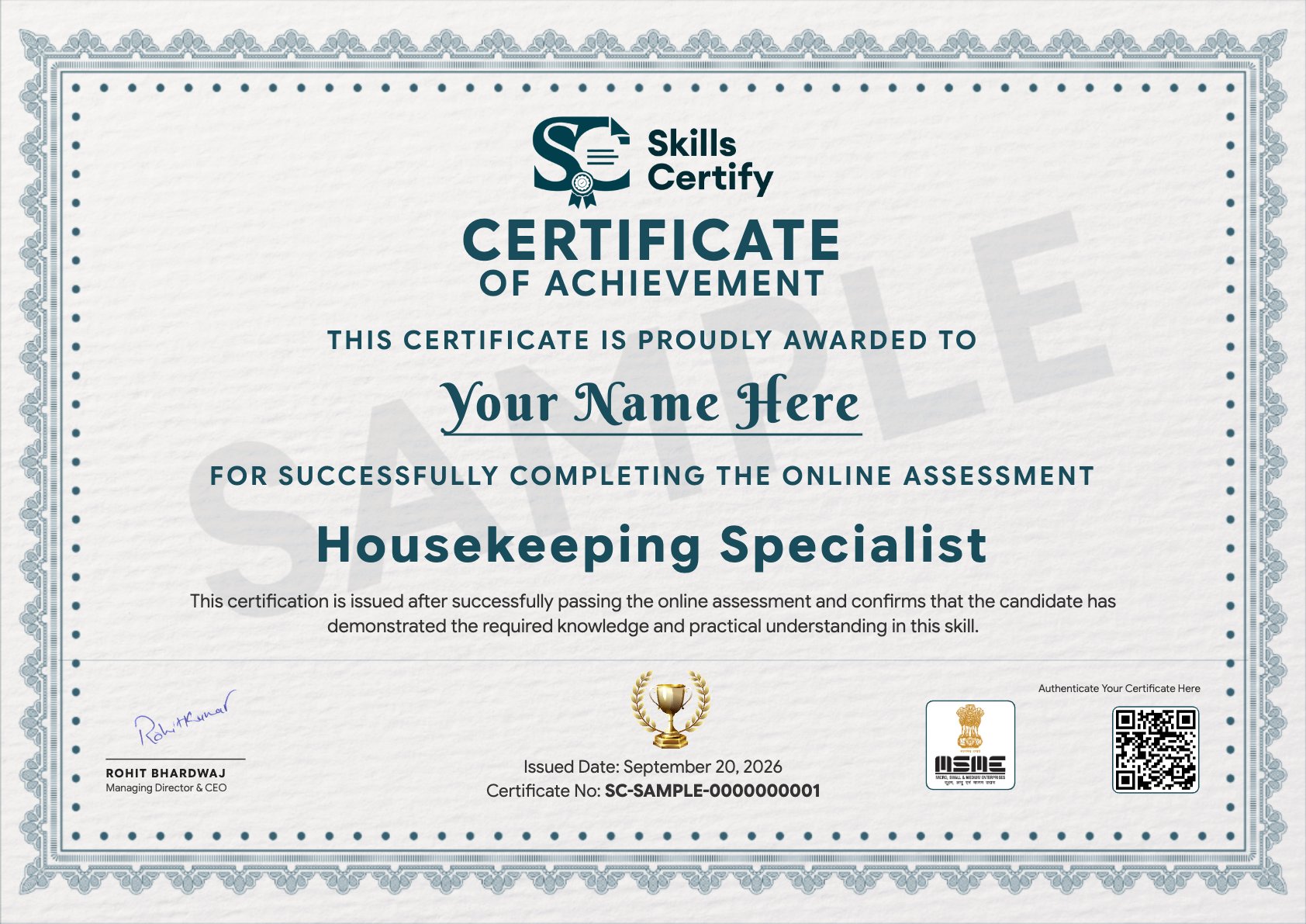 Housekeeping Specialist Certificate Sample