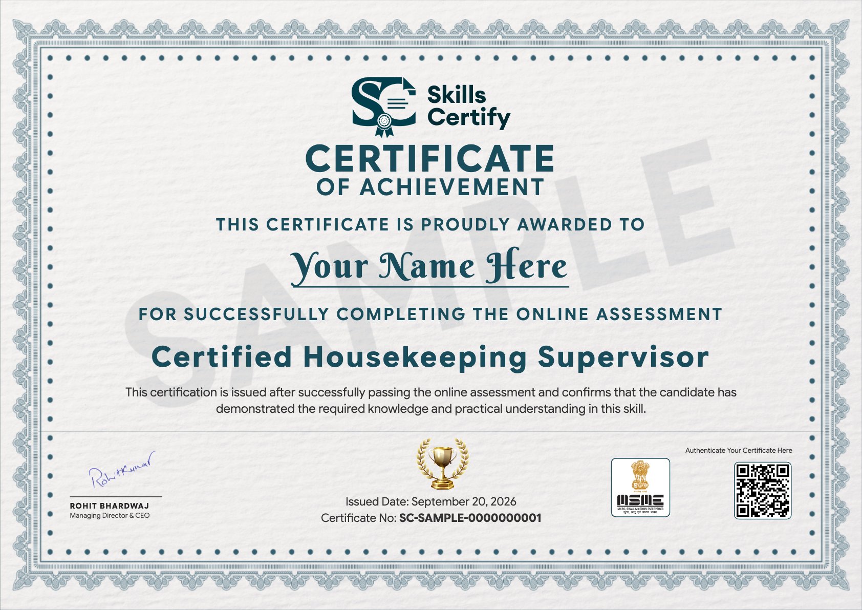 Certified Housekeeping Supervisor Certificate Sample