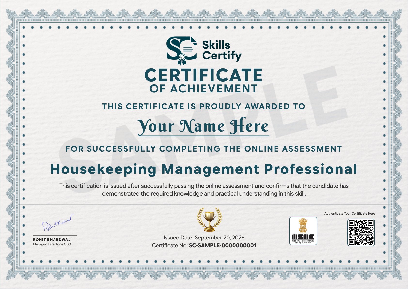 Housekeeping Management Professional Certificate Sample