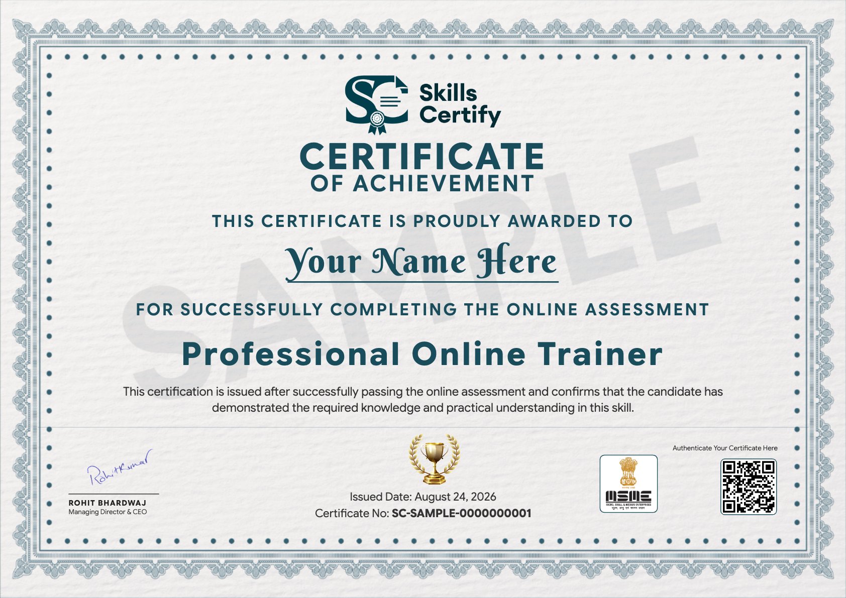 Professional Online Trainer Certificate Sample