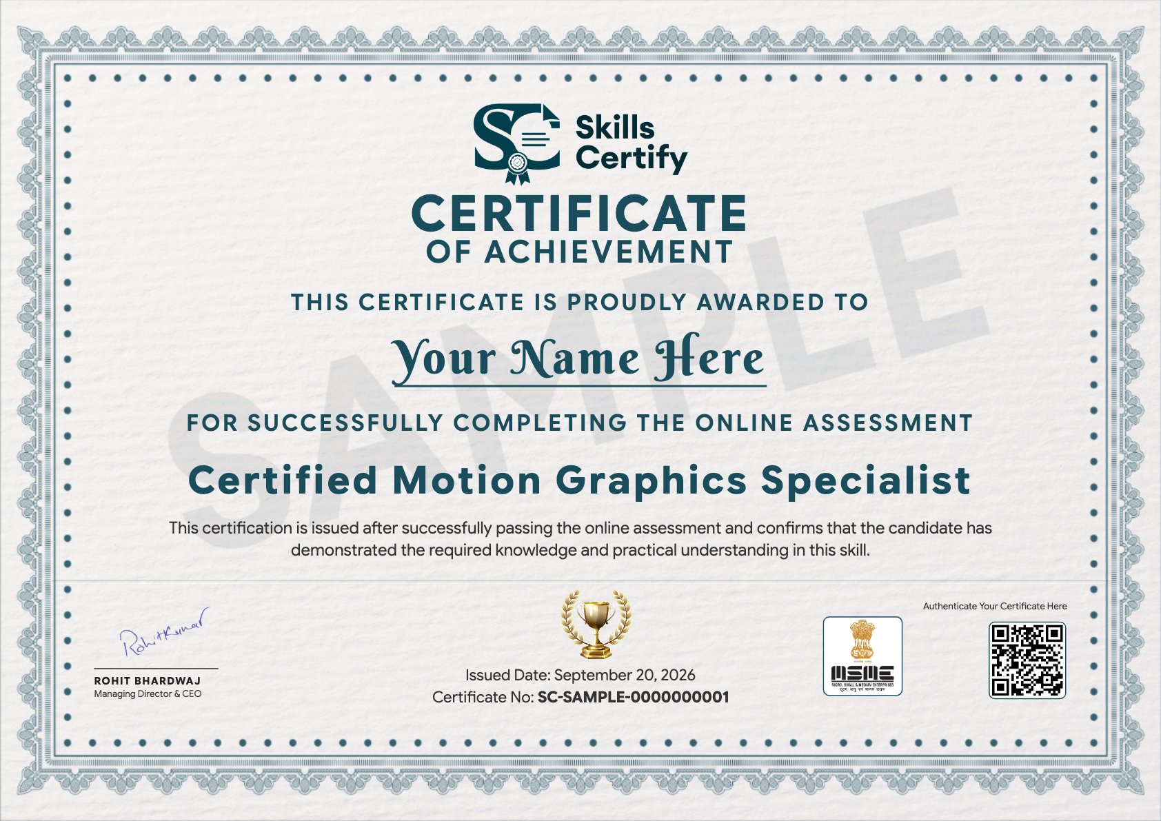 Certified Motion Graphics Specialist Certificate Sample