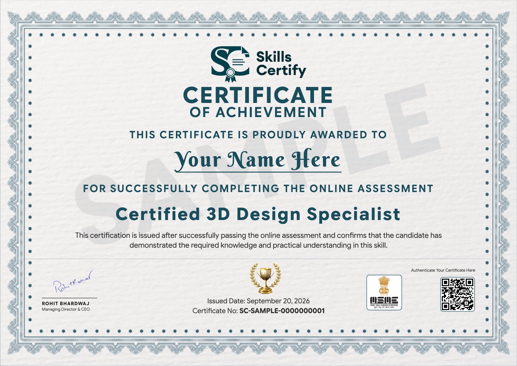 Certified 3D Design Specialist Certificate Sample