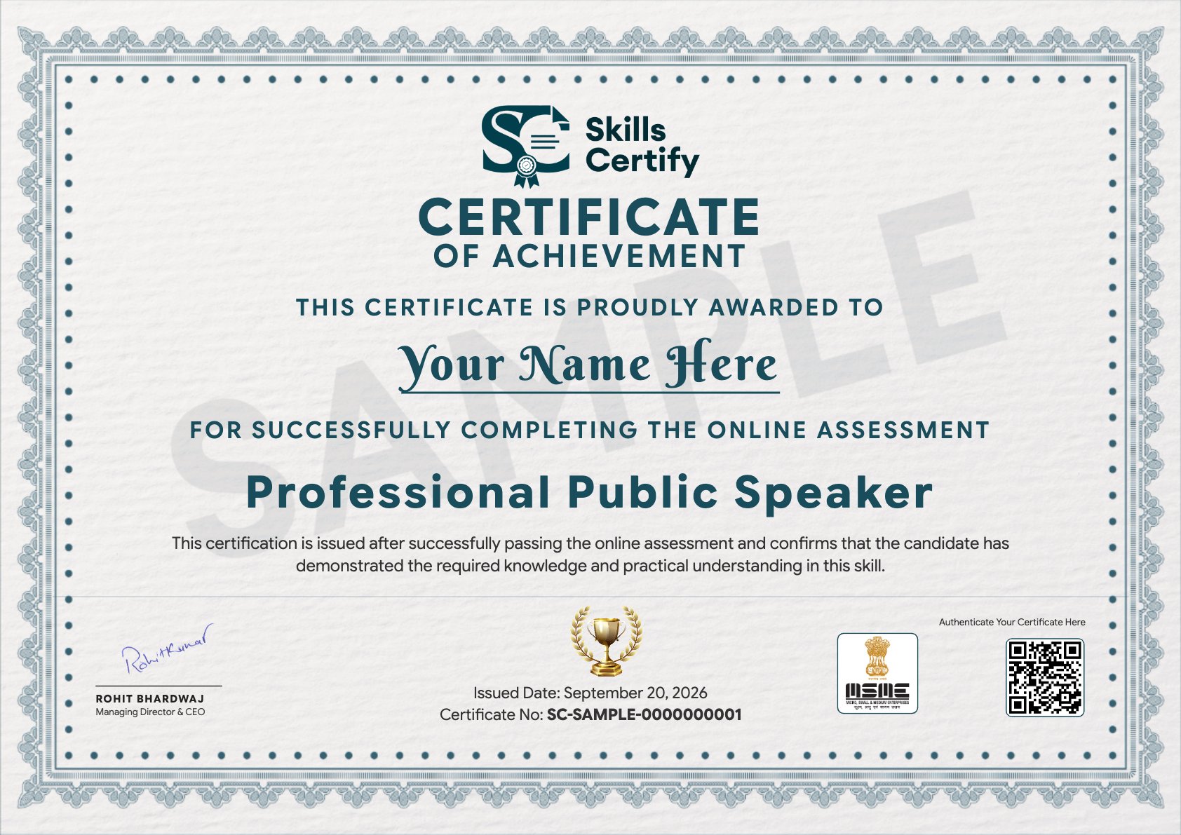 Professional Public Speaker Certificate Sample