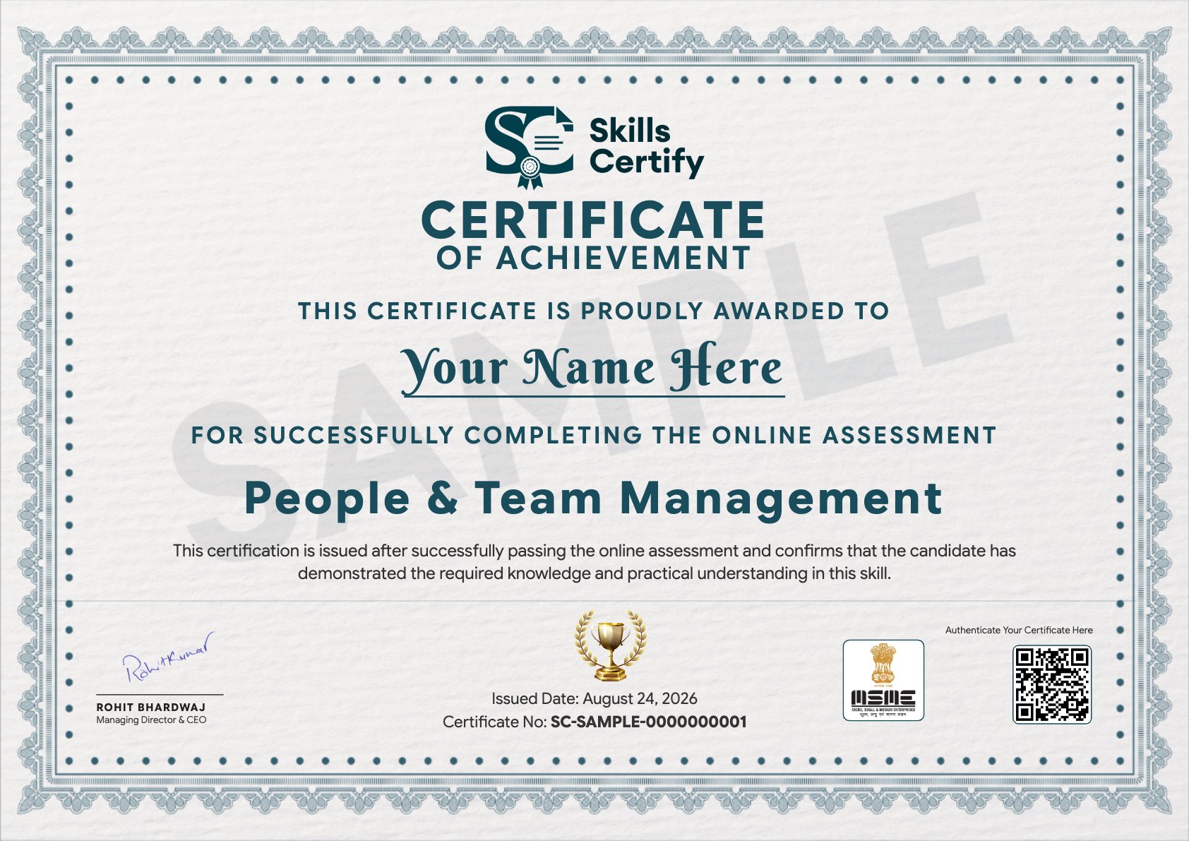 People & Team Management Certificate Sample
