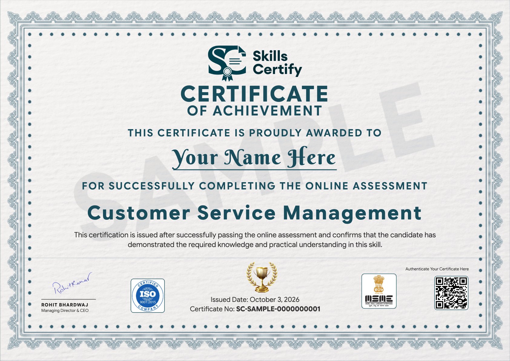 Customer Service Management Certificate Sample