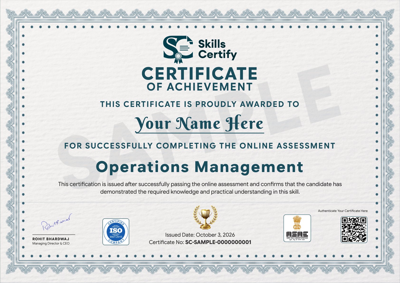 Operations Management Certificate Sample