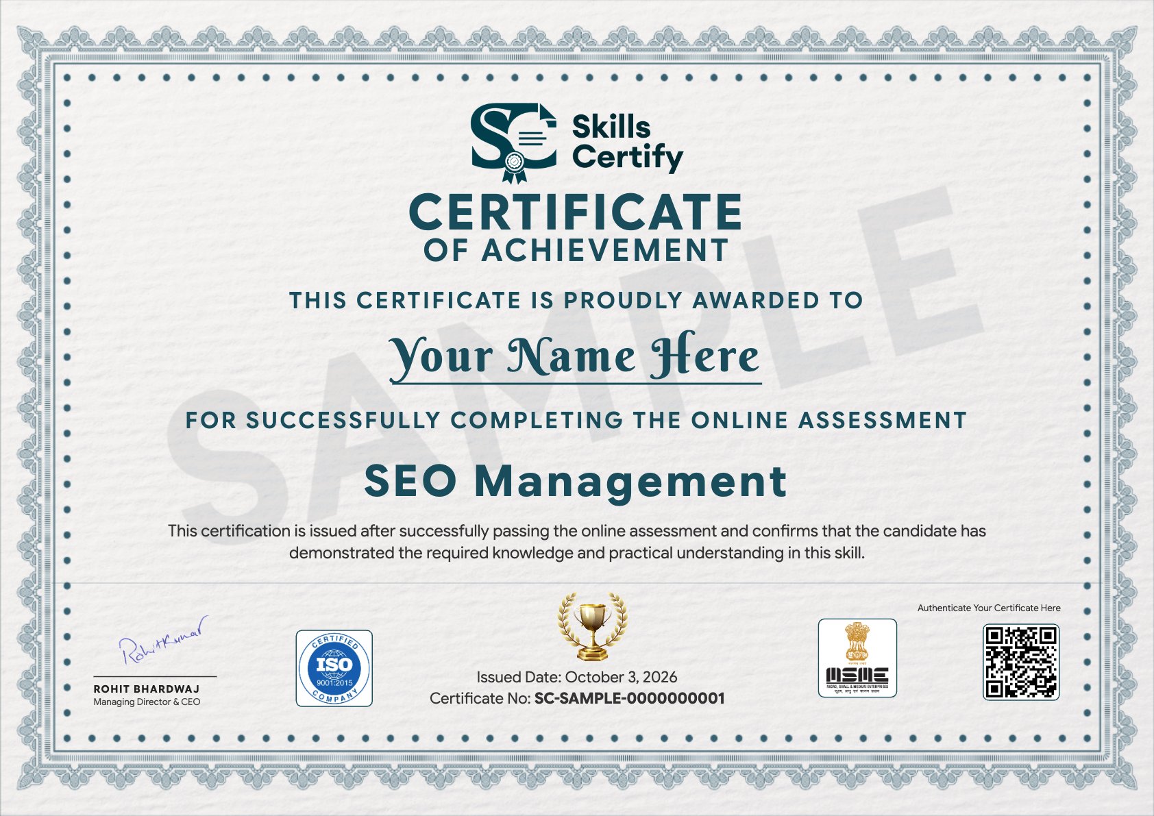 SEO Management Certificate Sample
