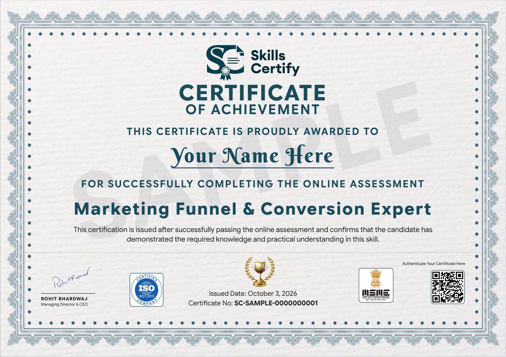 Marketing Funnel & Conversion Expert Certificate Sample