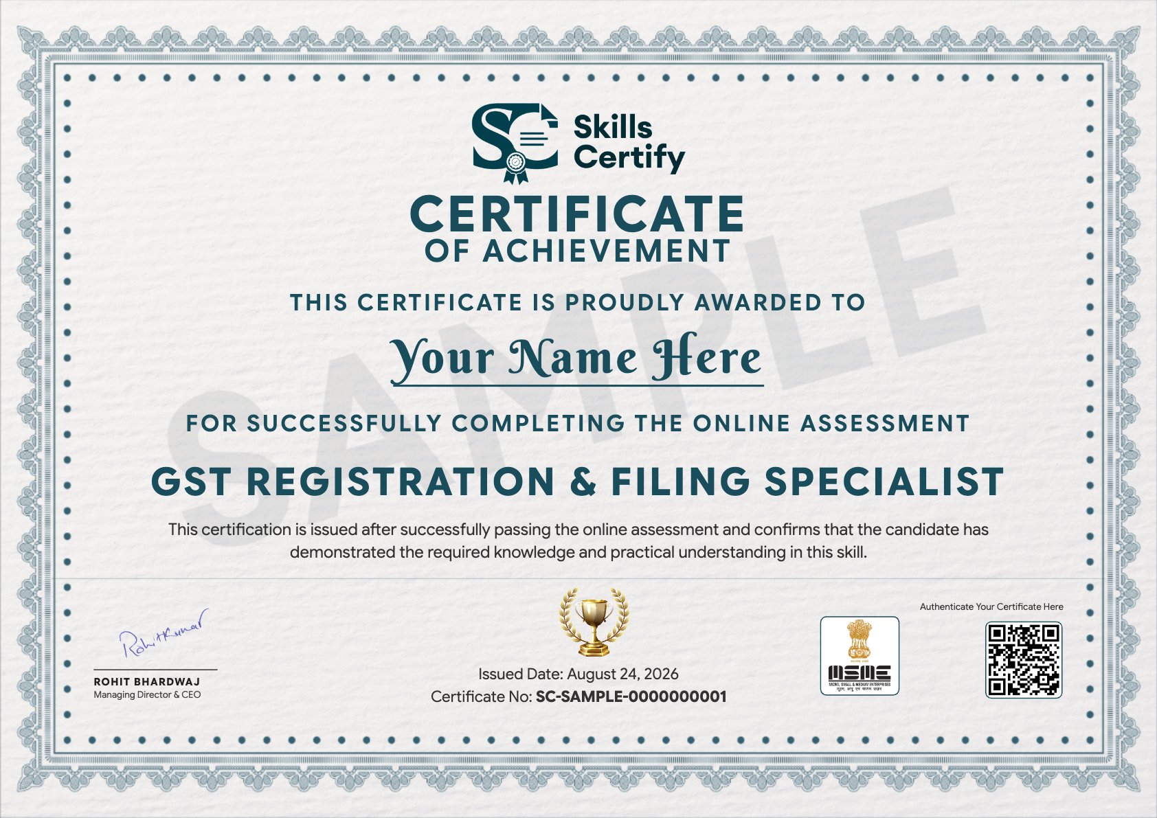 GST REGISTRATION & FILING SPECIALIST Certificate Sample