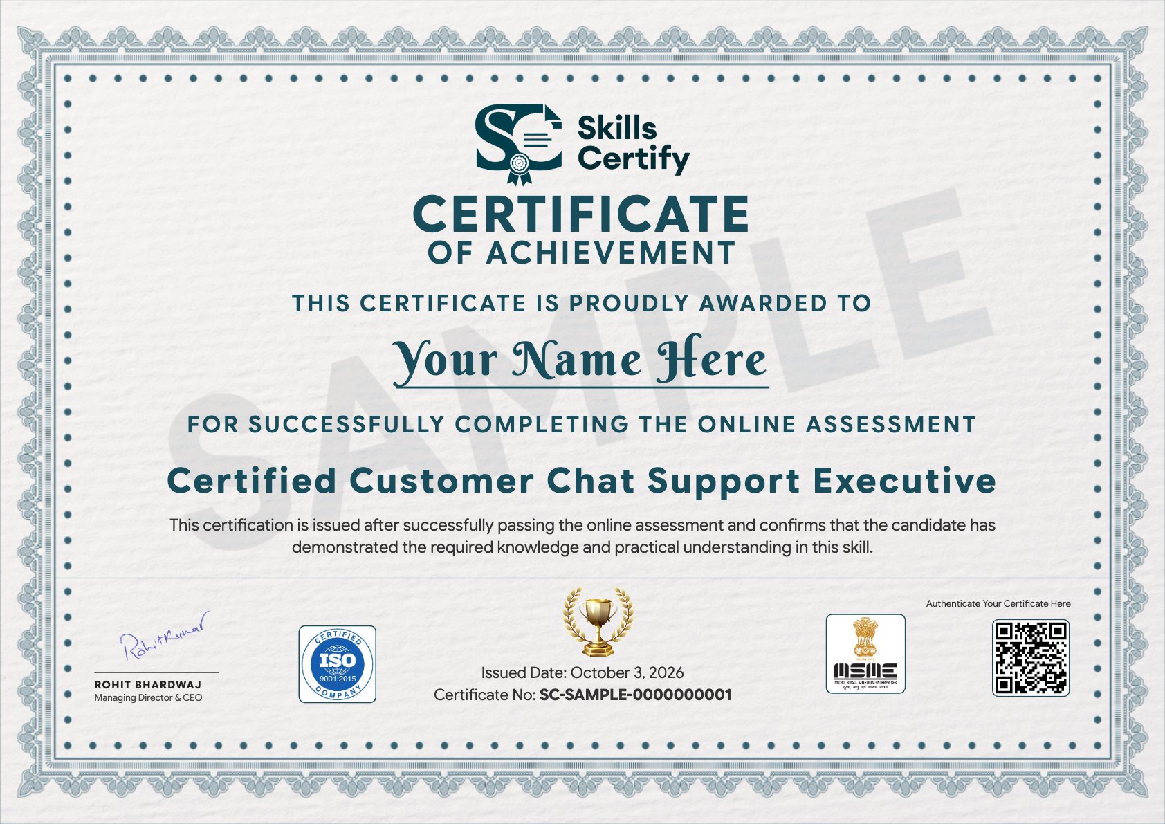 Certified Customer Chat Support Executive Certificate Sample