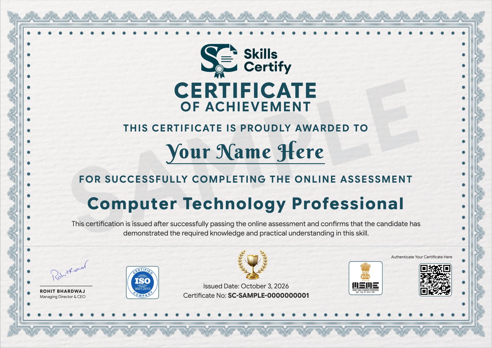 Computer Technology Professional Certificate Sample
