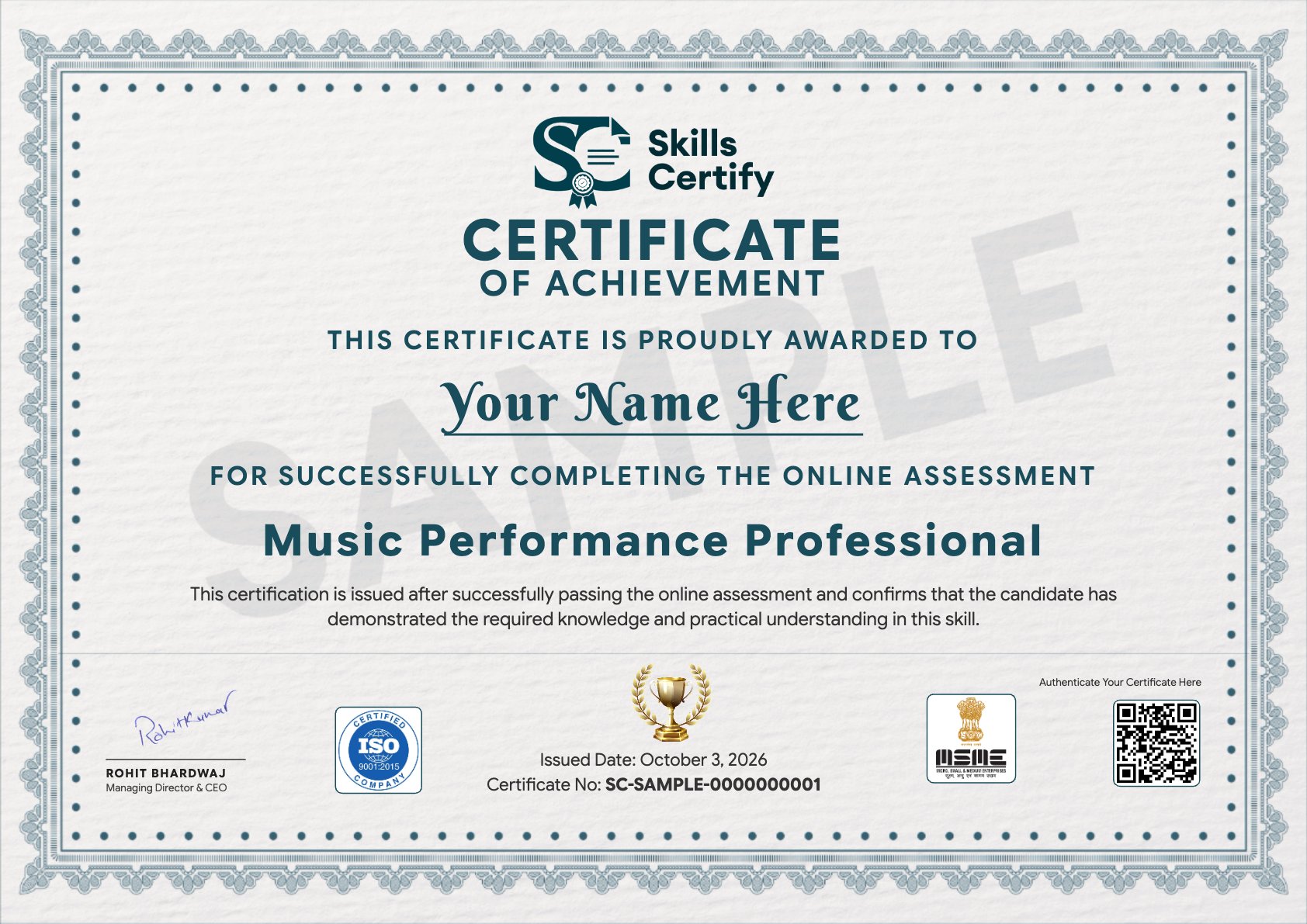 Music Performance Professional Certificate Sample