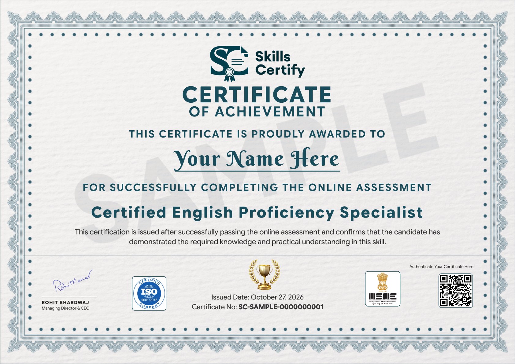 Certified English Proficiency Specialist Certificate Sample