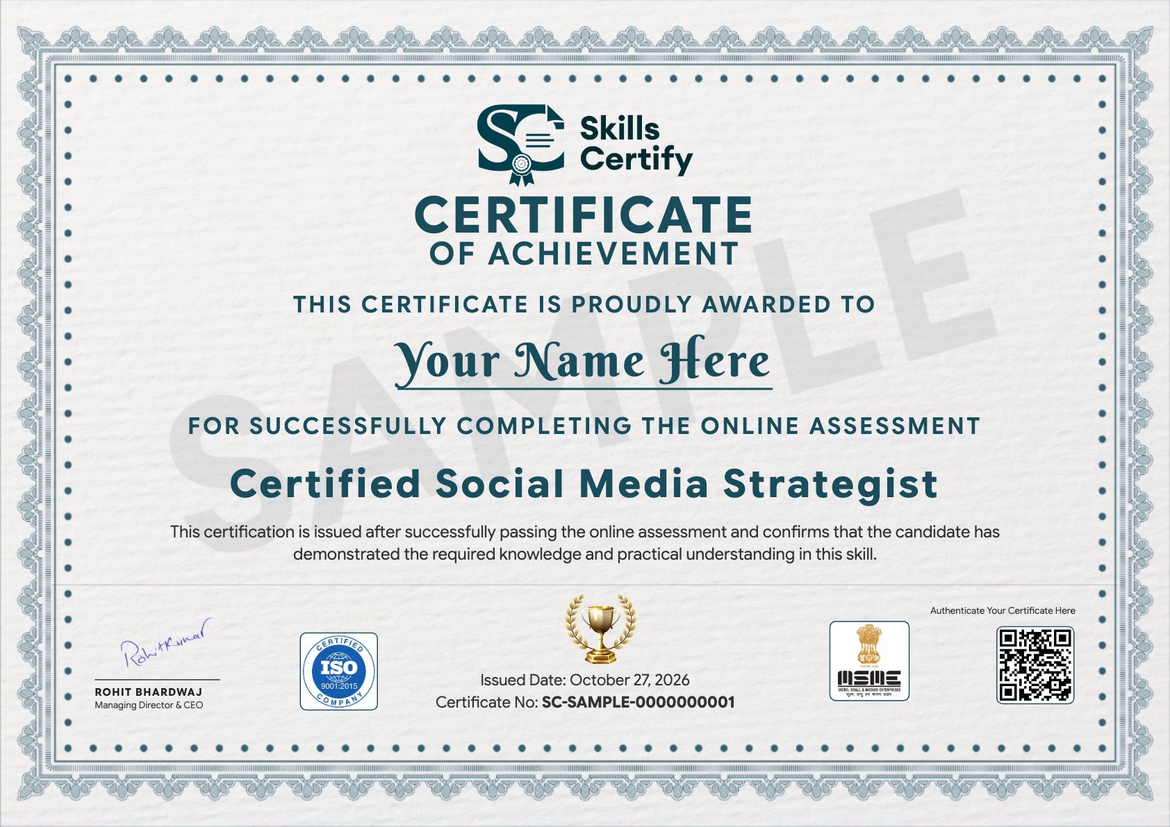 Certified Social Media Strategist Certificate Sample