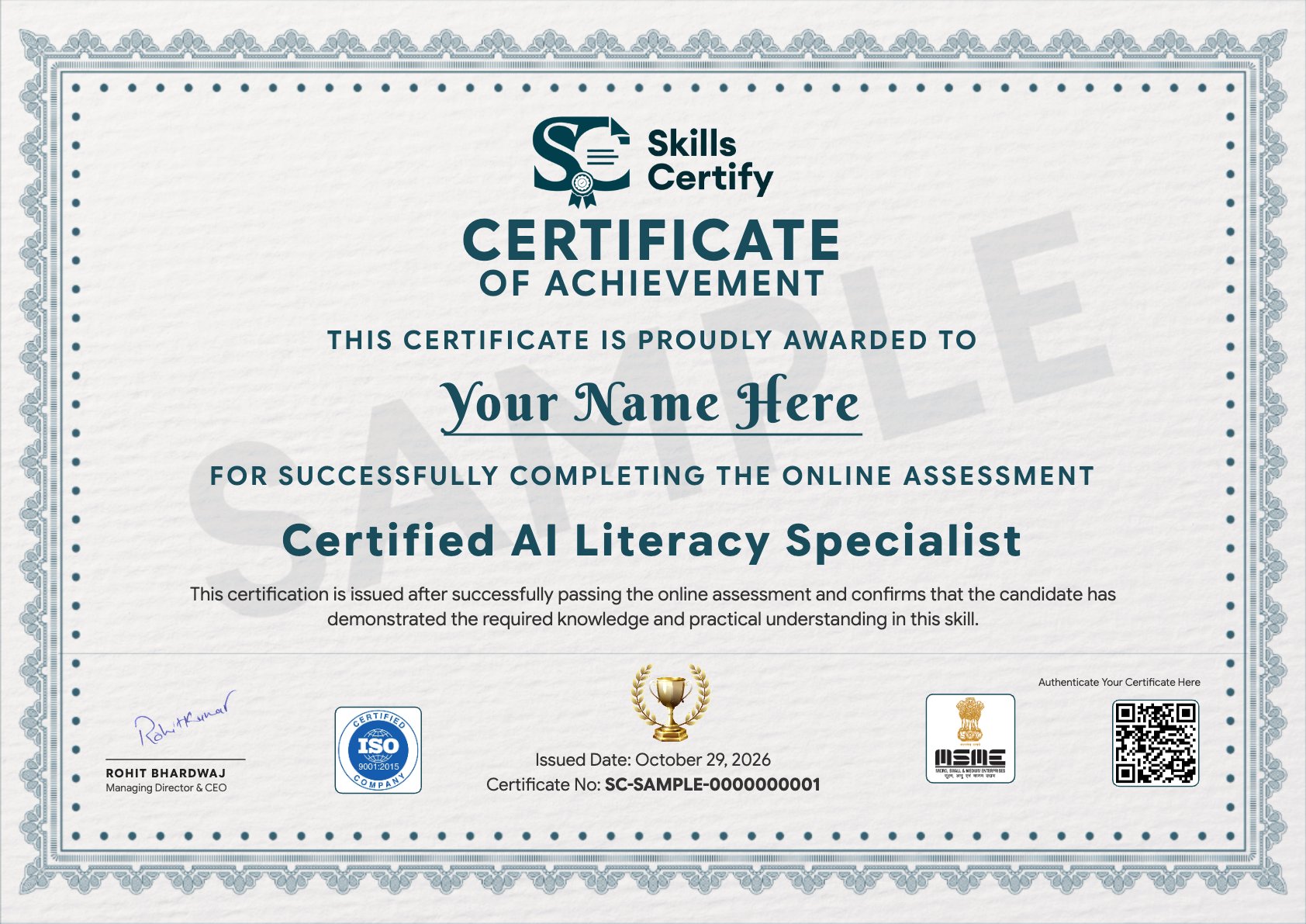 Certified AI Literacy Specialist Certificate Sample