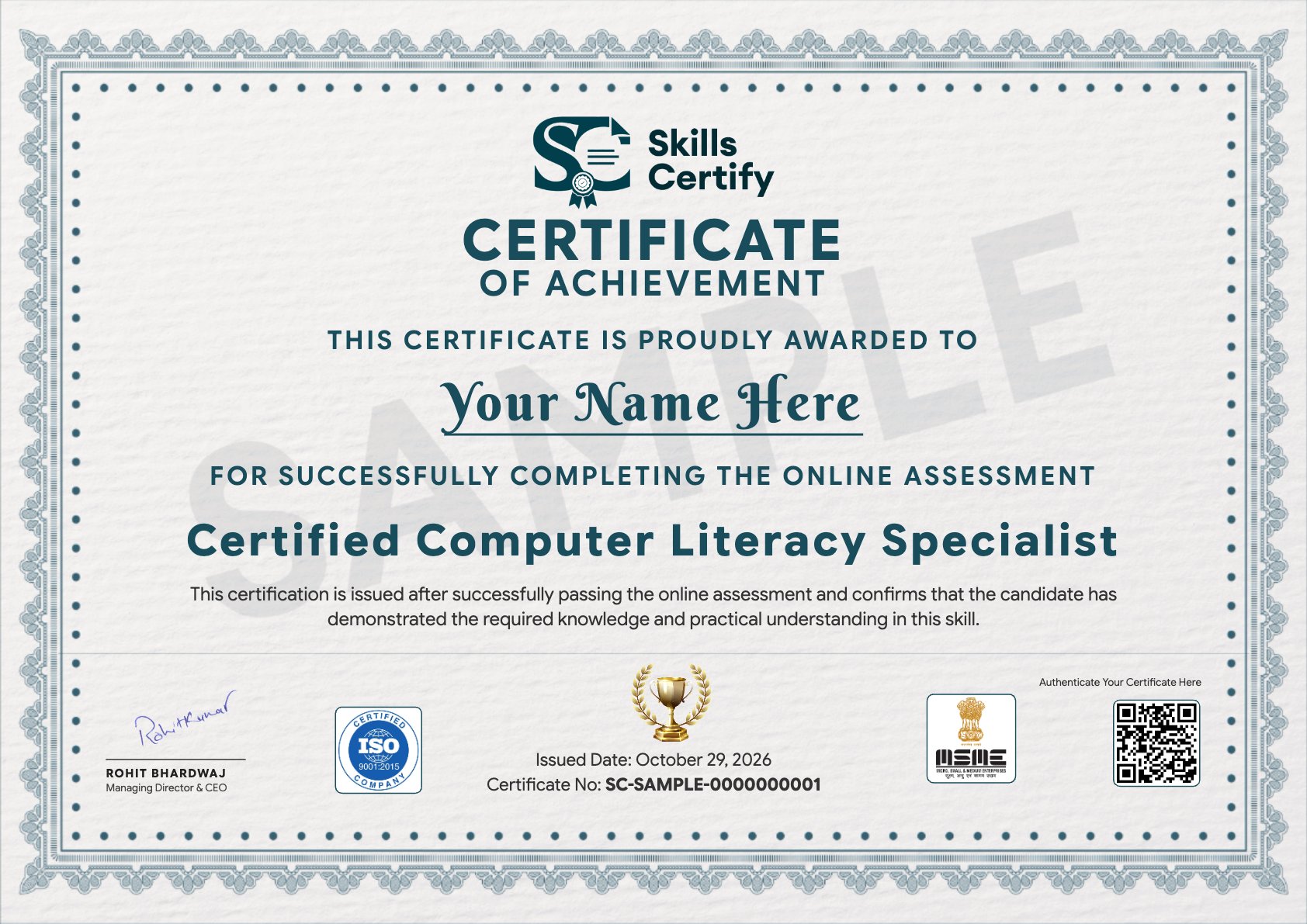 Certified Computer Literacy Specialist Certificate Sample