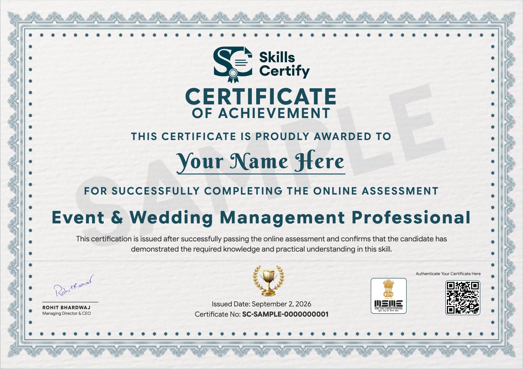 Event & Wedding Management Professional Certificate Sample