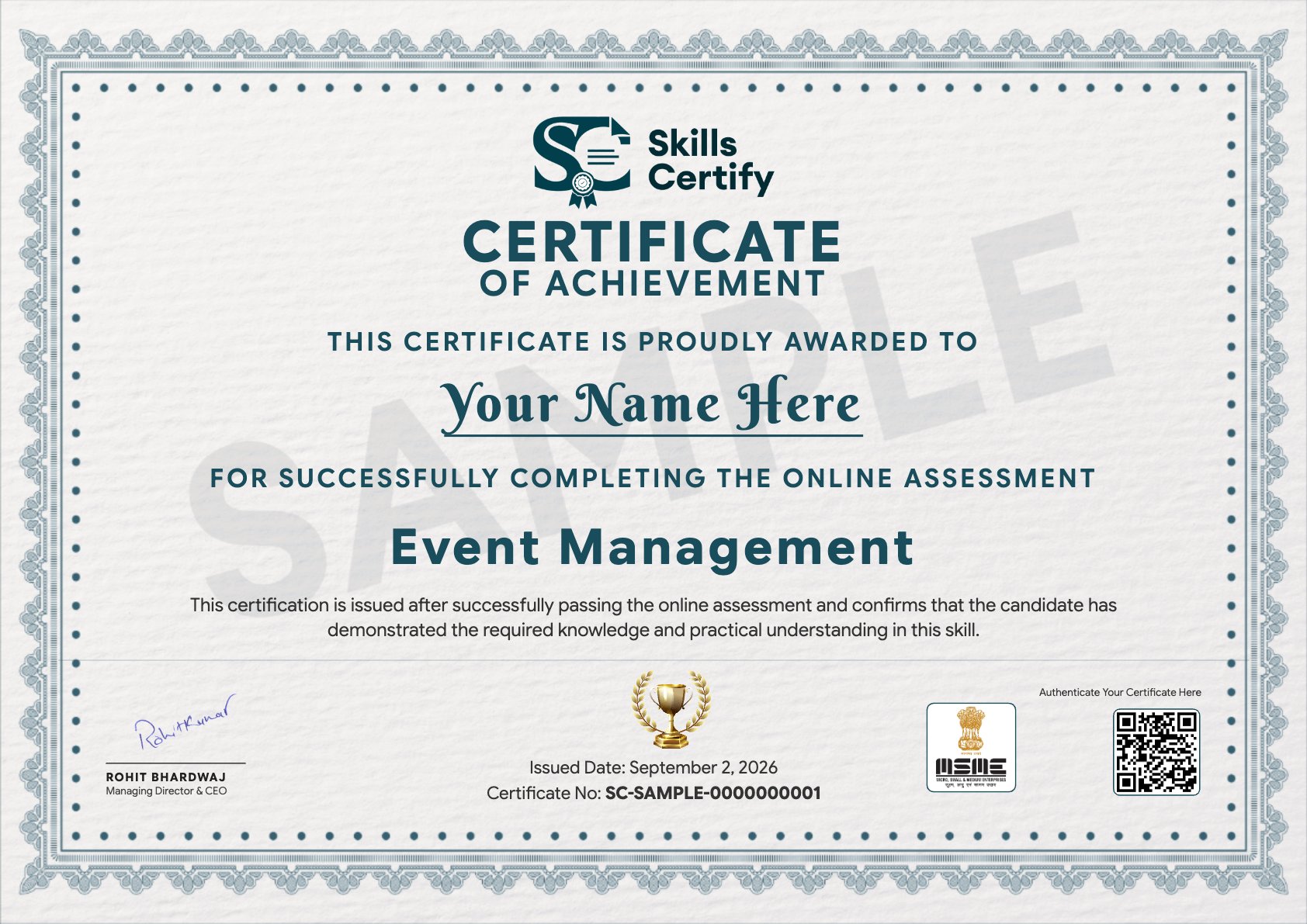 Event Management Certificate Sample
