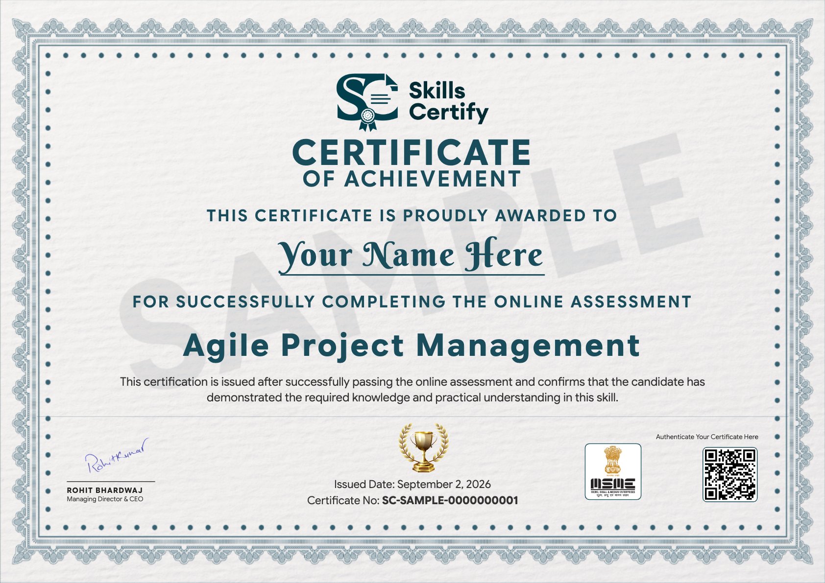 Agile Project Management Certificate Sample