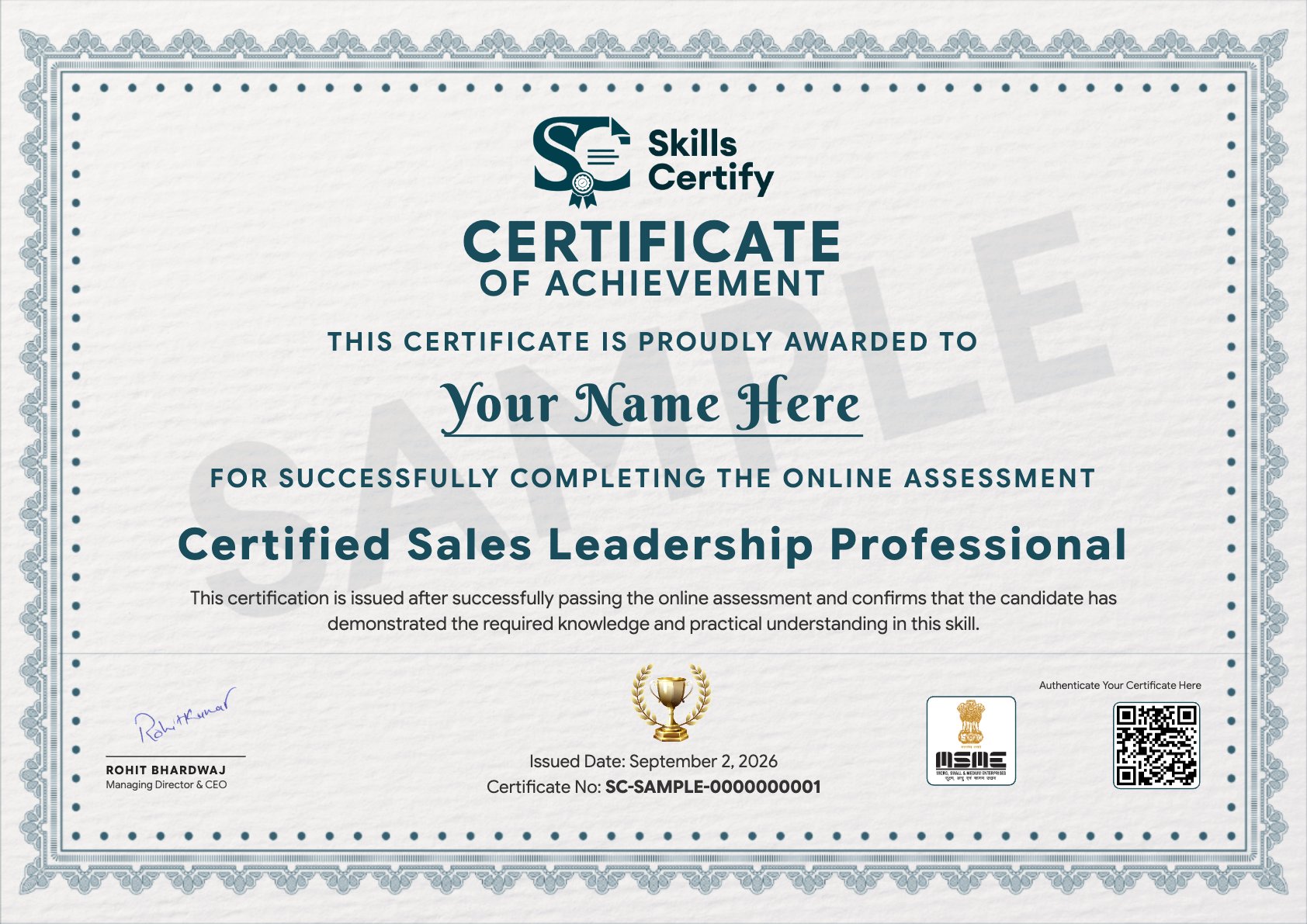 Certified Sales Leadership Professional Certificate Sample