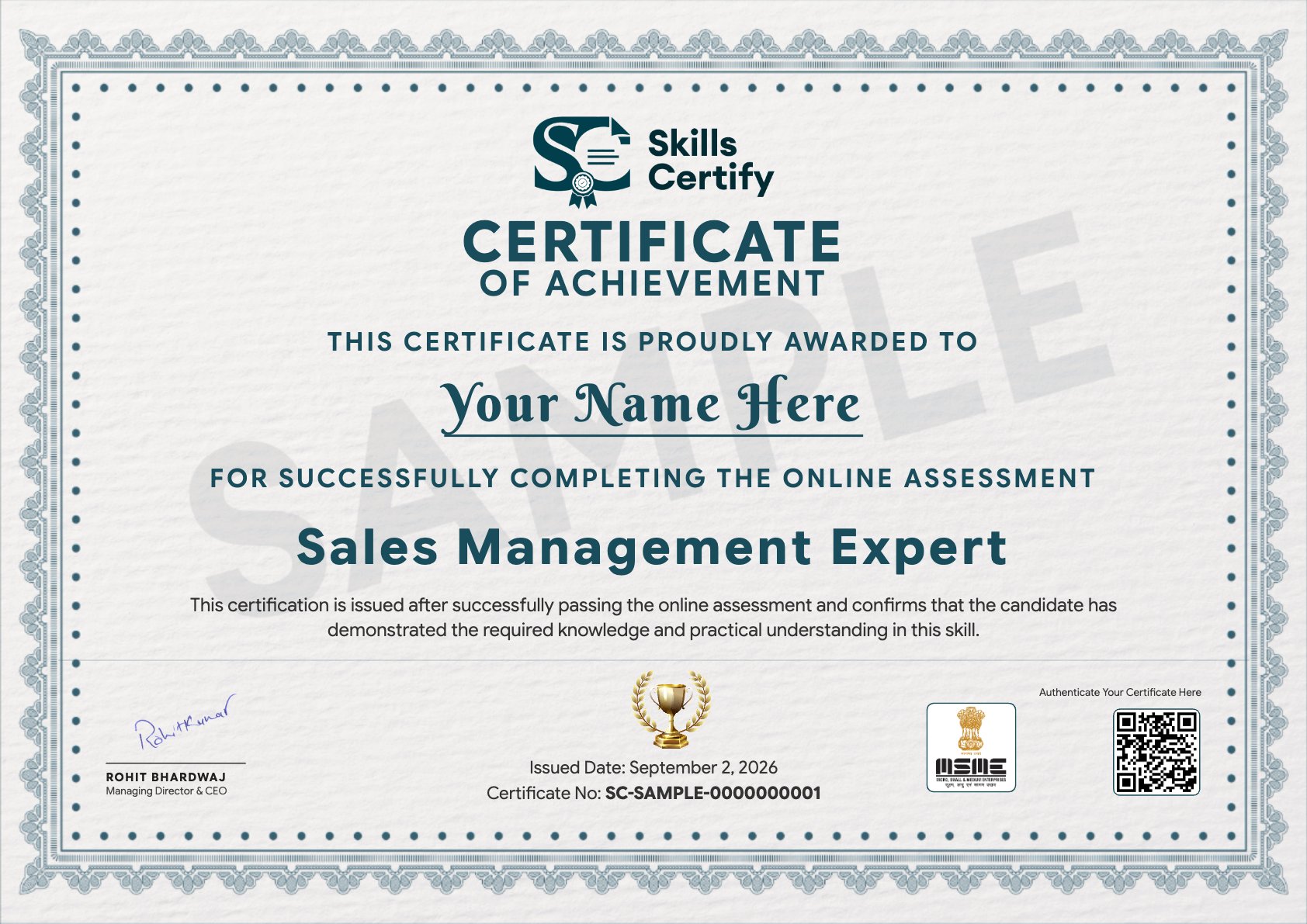 Sales Management Expert Certificate Sample