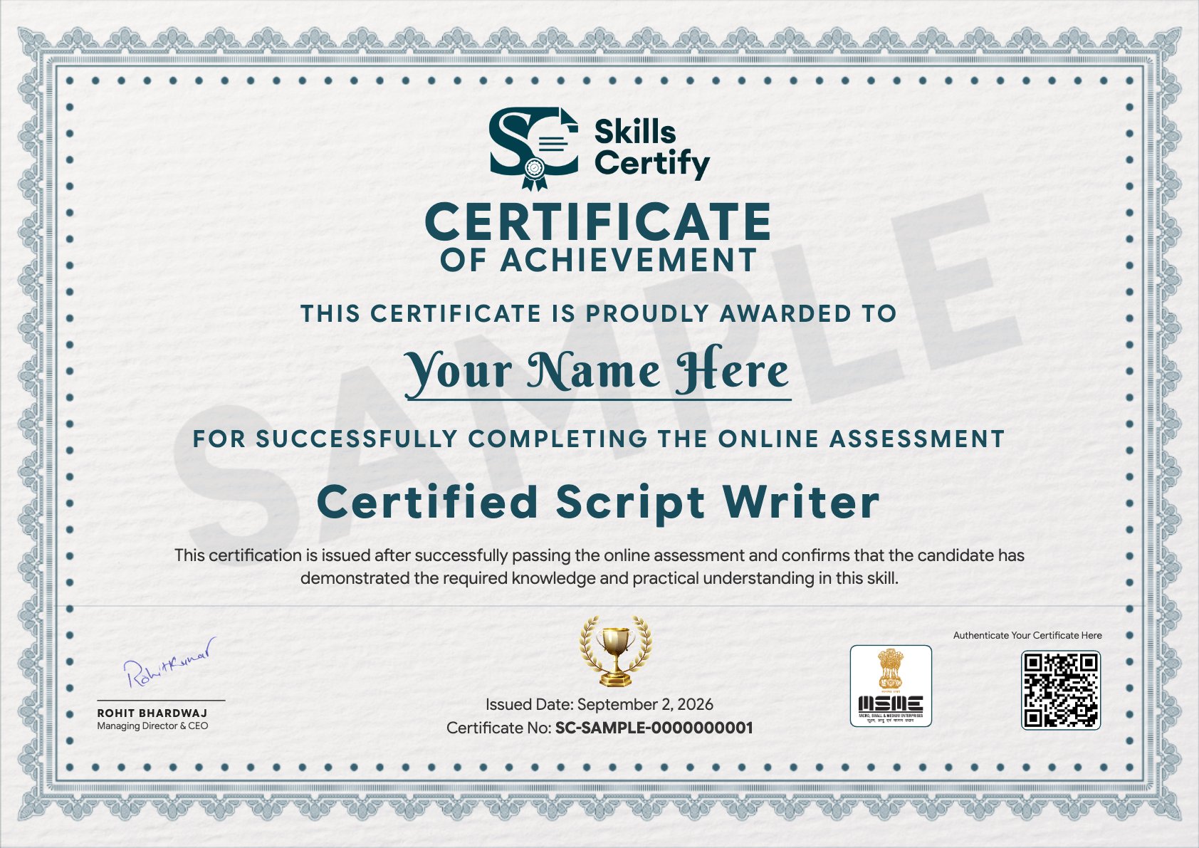Certified Script Writer Certificate Sample