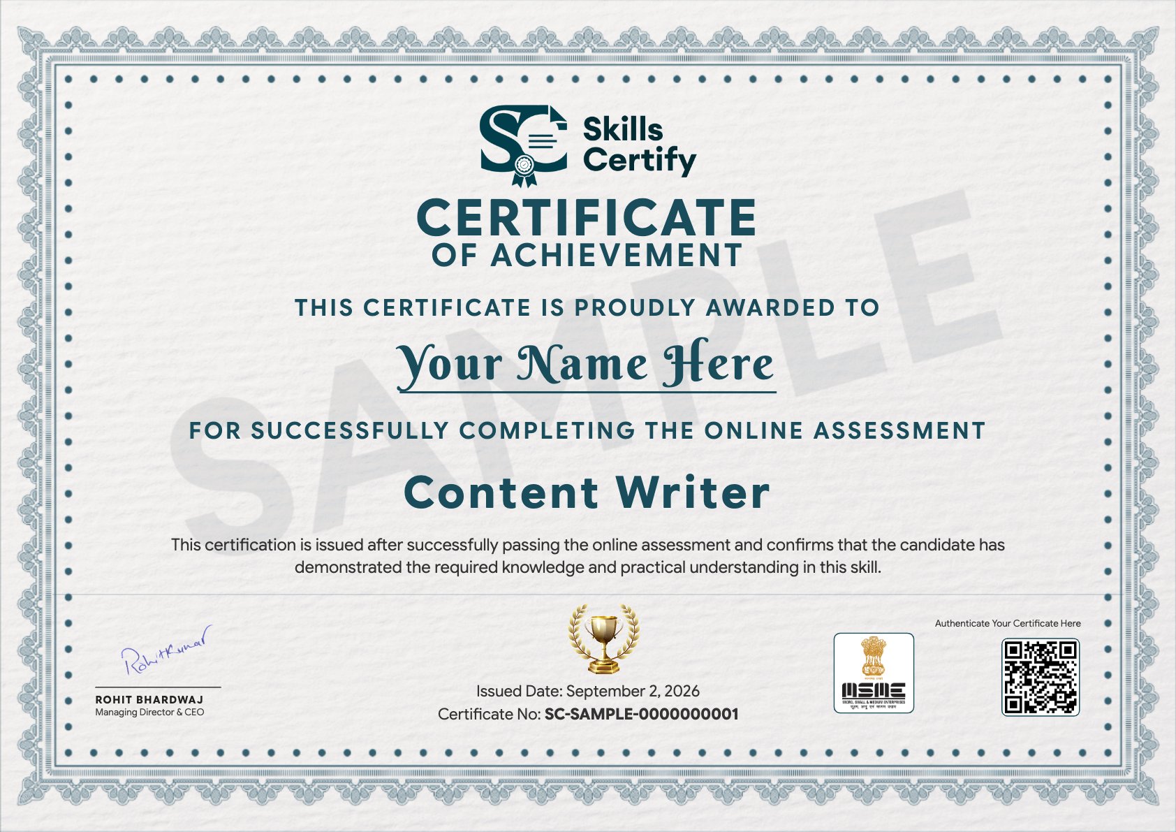 Content Writer Certificate Sample